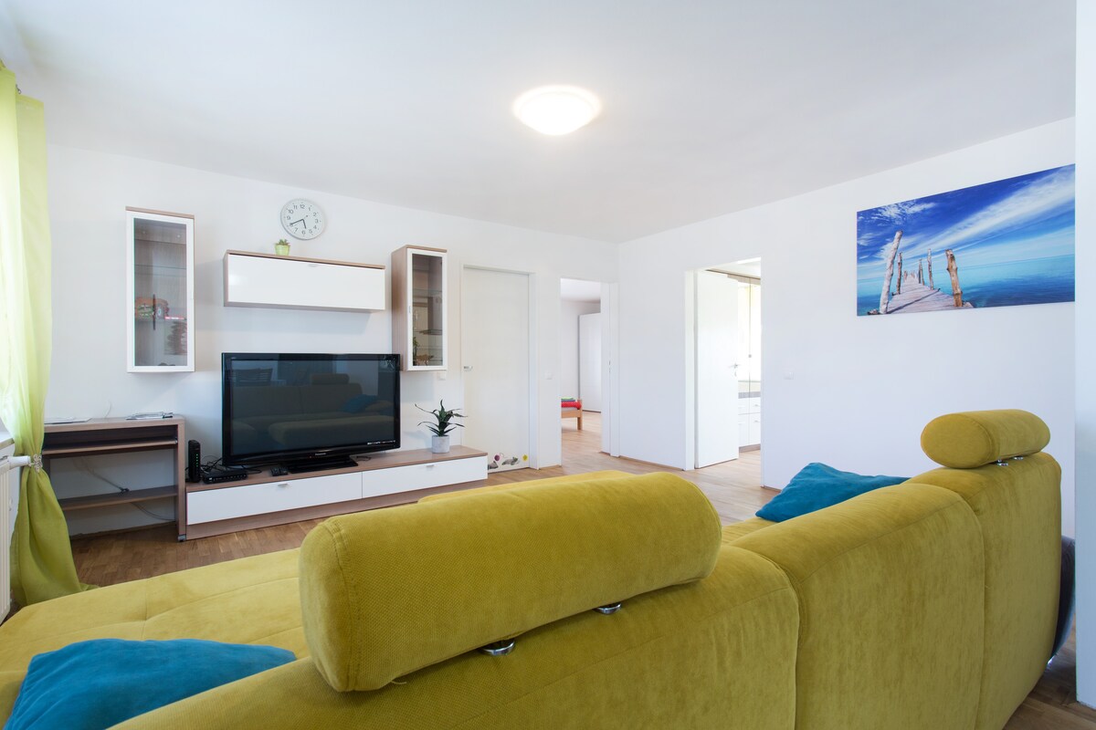 Bright living room with lime green curtains at a tall window, a television on a low unit, a pier picture on the wall and the corner of the yellow sofa in the foreground