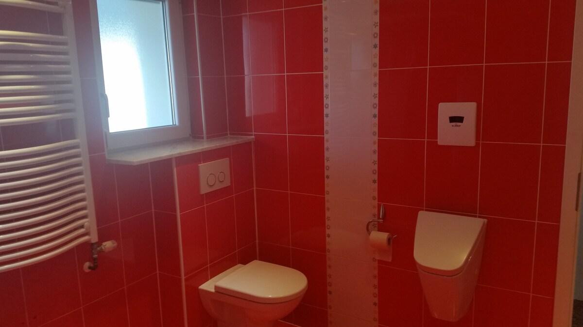 Red-tiled room with a wall-hung toilet and a wall-hung urinal either side of a decorative white tile strip, a frosted window and a white heated towel rail