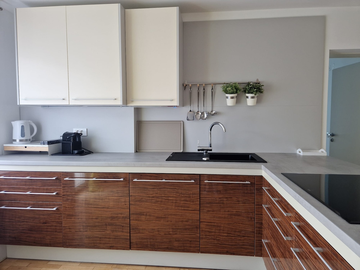 Kitchen run with cream wall cupboards over a light worktop, glossy walnut drawer fronts below, a black inset sink, a kettle and coffee machine, and small potted herbs on a wall rail