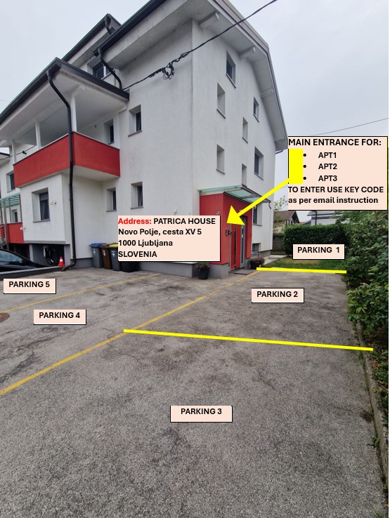 Fotografija parkirališta ispred kuće, s označenim parkirnim mjestima od jedan do pet, natpisom kuće i strelicom prema glavnom ulazu